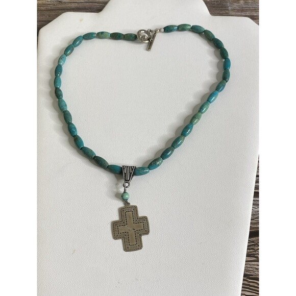 VTG Genuine Turquoise Sterling Cross  Native American Southwestern 18” Necklace - Picture 1 of 11